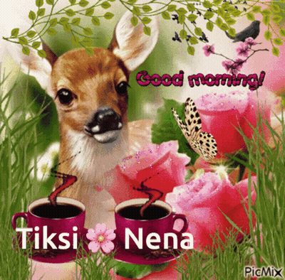 A Picture Of A Deer With Two Cups Of Coffee And The Words Good Morning Written On It GIF