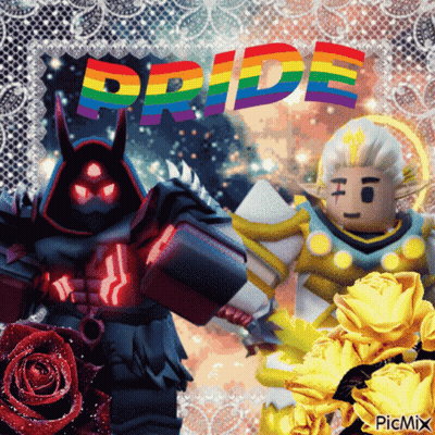 A Picture Of A Devil And An Angel With The Word Pride In Rainbow Colors GIF