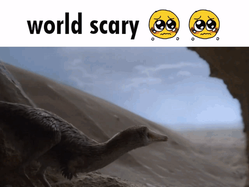 A Picture Of A Dinosaur And The Words " World Scary " GIF