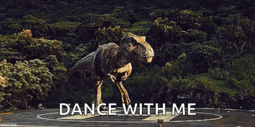 A Picture Of A Dinosaur With The Words " Dance With Me " Below It GIF