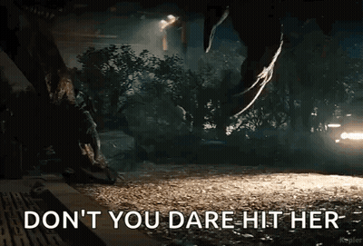 A Picture Of A Dinosaur With The Words " Do N't You Dare Hit Her " On It GIF