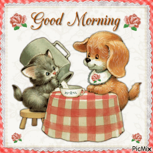 A Picture Of A Dog And A Kitten Sitting At A Table With The Words Good Morning GIF