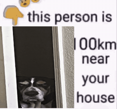 A Picture Of A Dog And A Sign That Says This Person Is 100Km Near Your House GIF