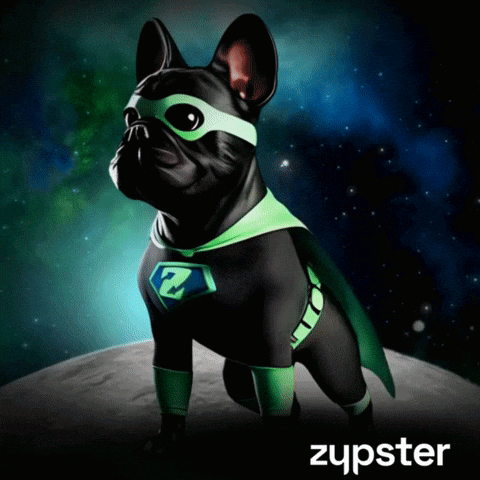 A Picture Of A Dog In A Superhero Costume With The Word Zupster On The Bottom GIF