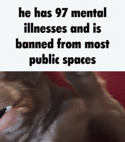 A Picture Of A Dog Next To A Text That Says He Has 97 Mental Illnesses And Is Banned From Most Public Spaces GIF