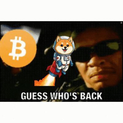 A Picture Of A Dog On A Rocket With The Words Guess Who 'S Back On The Bottom GIF