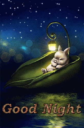 A Picture Of A Dog Sleeping On A Leaf With The Words " Good Night " GIF