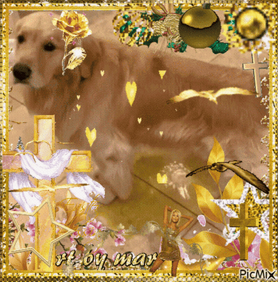 A Picture Of A Dog Surrounded By Flowers And Crosses With A Picmix Watermark On The Bottom GIF