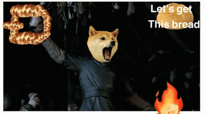 A Picture Of A Dog With A Pretzel In Its Mouth And The Words Let 'S Get This Bread GIF