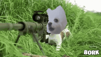 A Picture Of A Dog With A Sniper Rifle With The Word Bork On The Bottom Right GIF