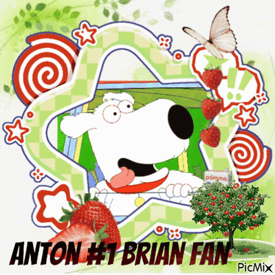 A Picture Of A Dog With The Words Anton # 1 Brian Fan On It GIF