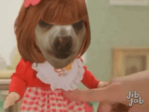 A Picture Of A Doll With A Dog 'S Face And Jib Jab Written On The Bottom GIF