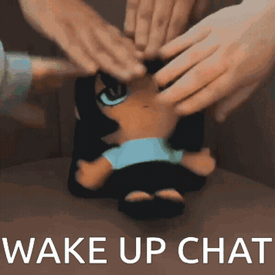 A Picture Of A Doll With The Words Wake Up Chat On It GIF