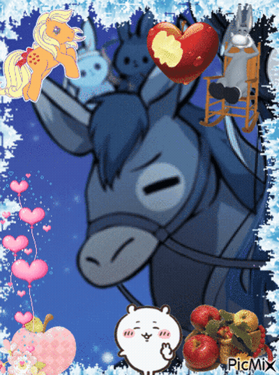 A Picture Of A Donkey Surrounded By Apples And Hearts With A Picmix Sticker GIF