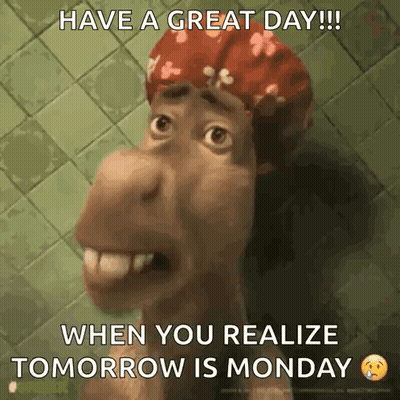 A Picture Of A Donkey With A Shower Cap That Says Have A Great Day !!! When You Realize Tomorrow Is Monday GIF