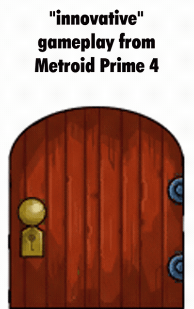 A Picture Of A Door With The Words " Innovative Gameplay From Metroid Prime 4 " Above It GIF