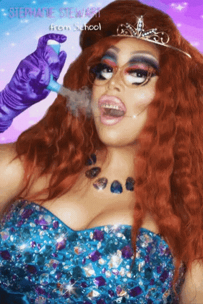 A Picture Of A Drag Queen With Stephanie Stewart From School Written On The Bottom GIF