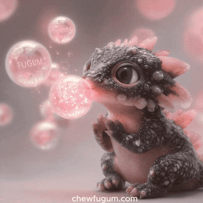 A Picture Of A Dragon Blowing Bubbles With Fugum Written On Them GIF