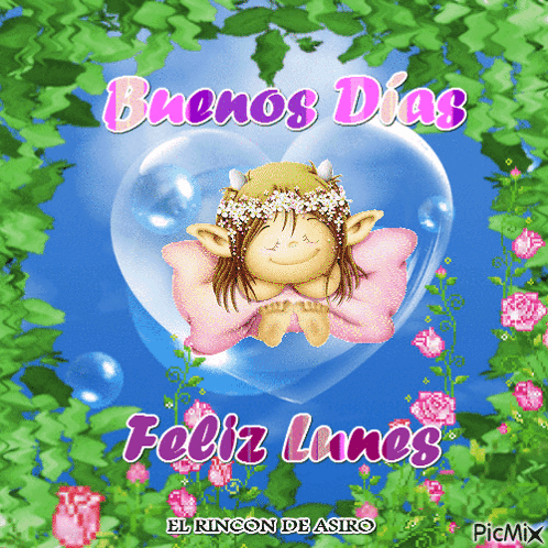 A Picture Of A Fairy In A Heart With The Words Buenos Dias Feliz Lunes GIF