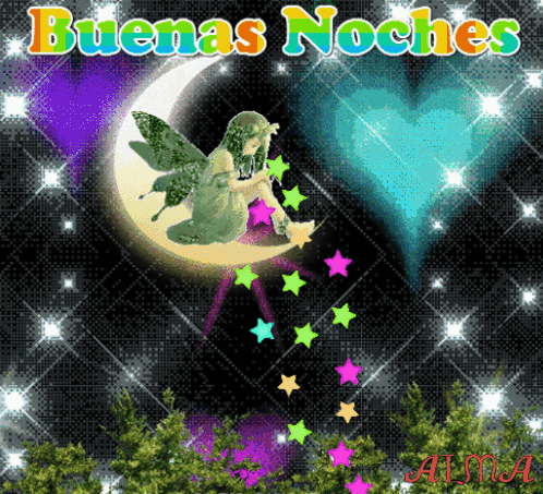 A Picture Of A Fairy Sitting On A Crescent Moon With The Words Buenas Noches GIF