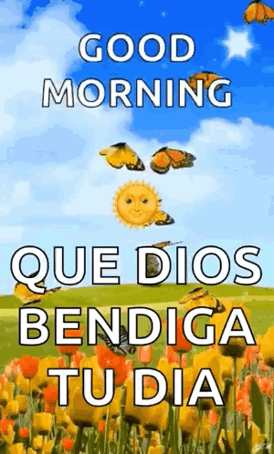 A Picture Of A Field Of Flowers With The Words `` Good Morning Que Dios Bendiga Tu Dia '' Written On It . GIF