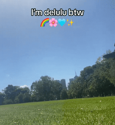 a picture of a field with the words i 'm delulu btw on it