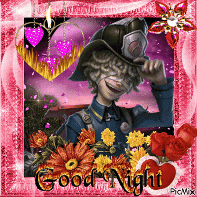 A Picture Of A Fireman With Flowers And The Words Good Night GIF