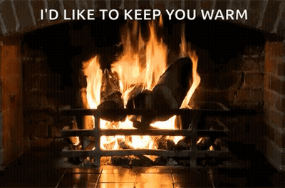A Picture Of A Fireplace With The Words " I 'D Like To Keep You Warm " Above It GIF