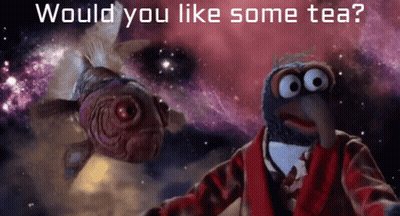 A Picture Of A Fish And A Bird With The Words Would You Like Some Tea Below Them GIF
