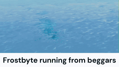 A Picture Of A Fish In The Ocean With The Words Frostbyte Running From Beggars On The Bottom GIF