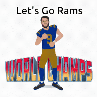 A Picture Of A Football Player With The Words Let 'S Go Rams World Champs Behind Him GIF