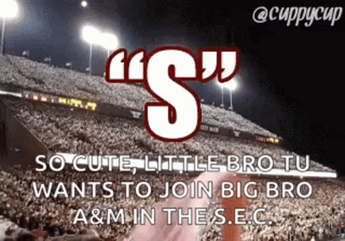 A Picture Of A Football Stadium With The Caption " So Cute Little Bro Tu Wants To Join Big Bro A & M In The Sec " GIF
