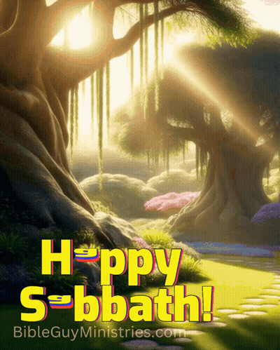 A Picture Of A Forest With The Words Happy Sabbath Bibleguyministries.com GIF