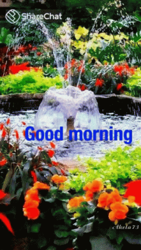 A Picture Of A Fountain In A Garden With The Words Good Morning GIF