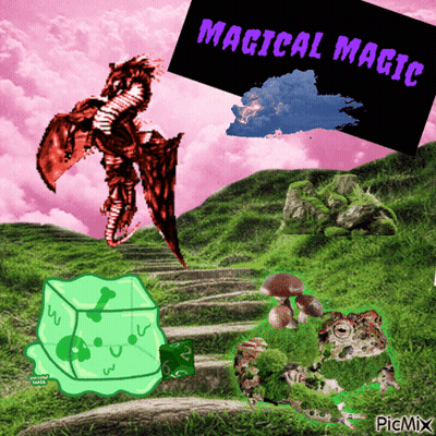 A Picture Of A Frog A Dragon And A Cube With The Words Magical Magic On Top GIF