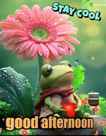 A Picture Of A Frog Holding A Heart And A Pink Flower With The Words Stay Cool Good Afternoon GIF