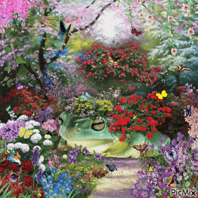 A Picture Of A Frog Surrounded By Flowers And Butterflies With The Words Picmix On The Bottom GIF