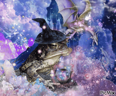 A Picture Of A Frog Wearing A Witch Hat And Holding A Crystal Ball With A Dragon In The Background GIF