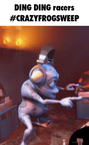 A Picture Of A Frog Wearing Headphones With The Words Ding Ding Racers #Crazyfrogsweep GIF