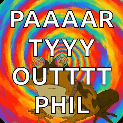 A Picture Of A Frog With The Words Paaaaar Tyyy Outfit Phil GIF