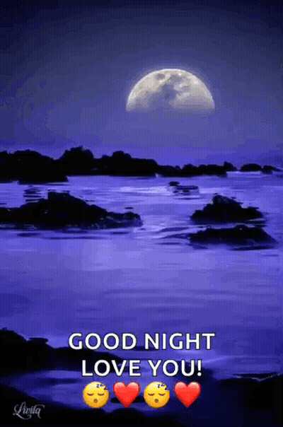 A Picture Of A Full Moon Over A Body Of Water With The Words " Good Night Love You " GIF