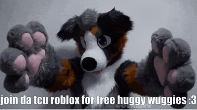 A Picture Of A Furry Dog With The Words Join Da Tcu Roblox For Free Huggy Wuggies 3 GIF