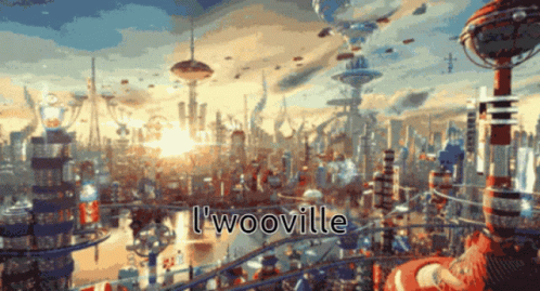 A Picture Of A Futuristic City With The Words L' Wooville Above It GIF