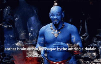 A Picture Of A Genie With The Words " Panther Brain Dmgin Messageae Bythe Amazing Aldadain " Below Him GIF