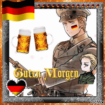 A Picture Of A German Soldier With The Words Guten Morgen Written On It GIF