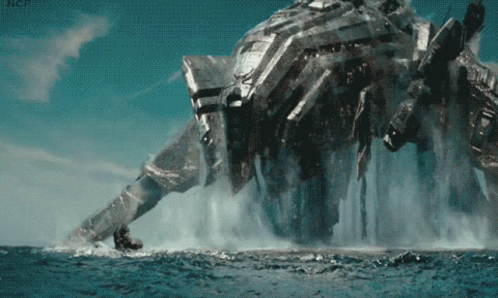 A Picture Of A Giant Robot In The Ocean With The Letters Ncp On The Bottom Right GIF