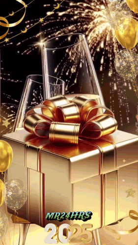 A Picture Of A Gift Box With A Gold Bow And The Year 2025 GIF