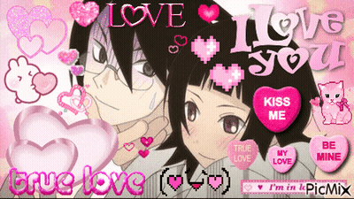 A Picture Of A Girl And A Boy With Hearts And The Words Love And True Love GIF