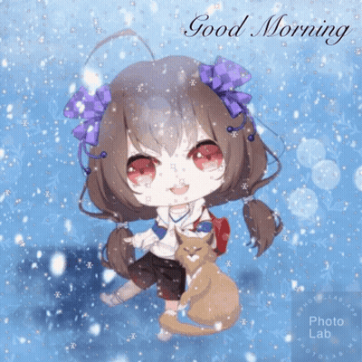 A Picture Of A Girl And A Cat With The Words Good Morning GIF
