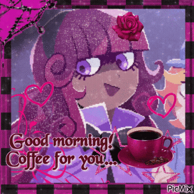 A Picture Of A Girl And A Cup Of Coffee With The Words Good Morning Coffee For You GIF